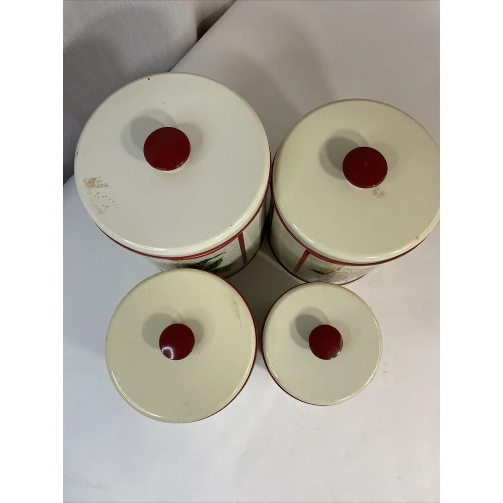 MCM 1950s Maid of Honor Metal 4pc Kitchen Canister Set Floral Pattern Red Knobs